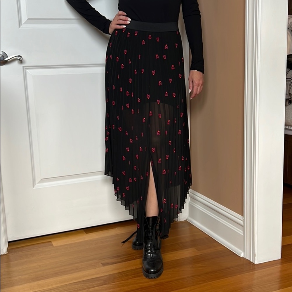 Maje Black Pleated Maxi Skirt with Red Heart Print